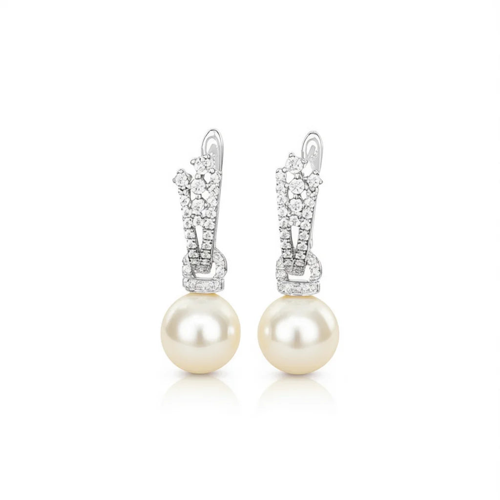 Classic Akoya Pearl Ball Shape Earrings 925 Silver Rhodium Plated Round White AAA Pave Setting Studs for Wedding Women's Jewelry