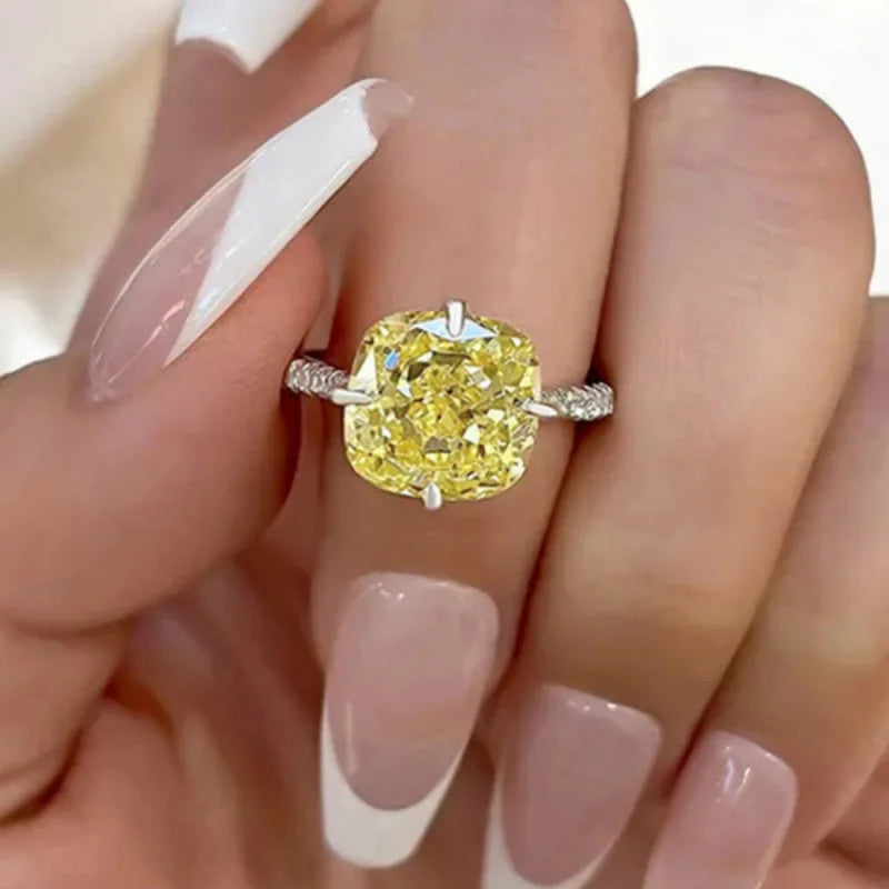 A164 White Gold Diamond Ring Cushion Cut Fancy Yellow Natural Diamond Engagement Women's Jewelry