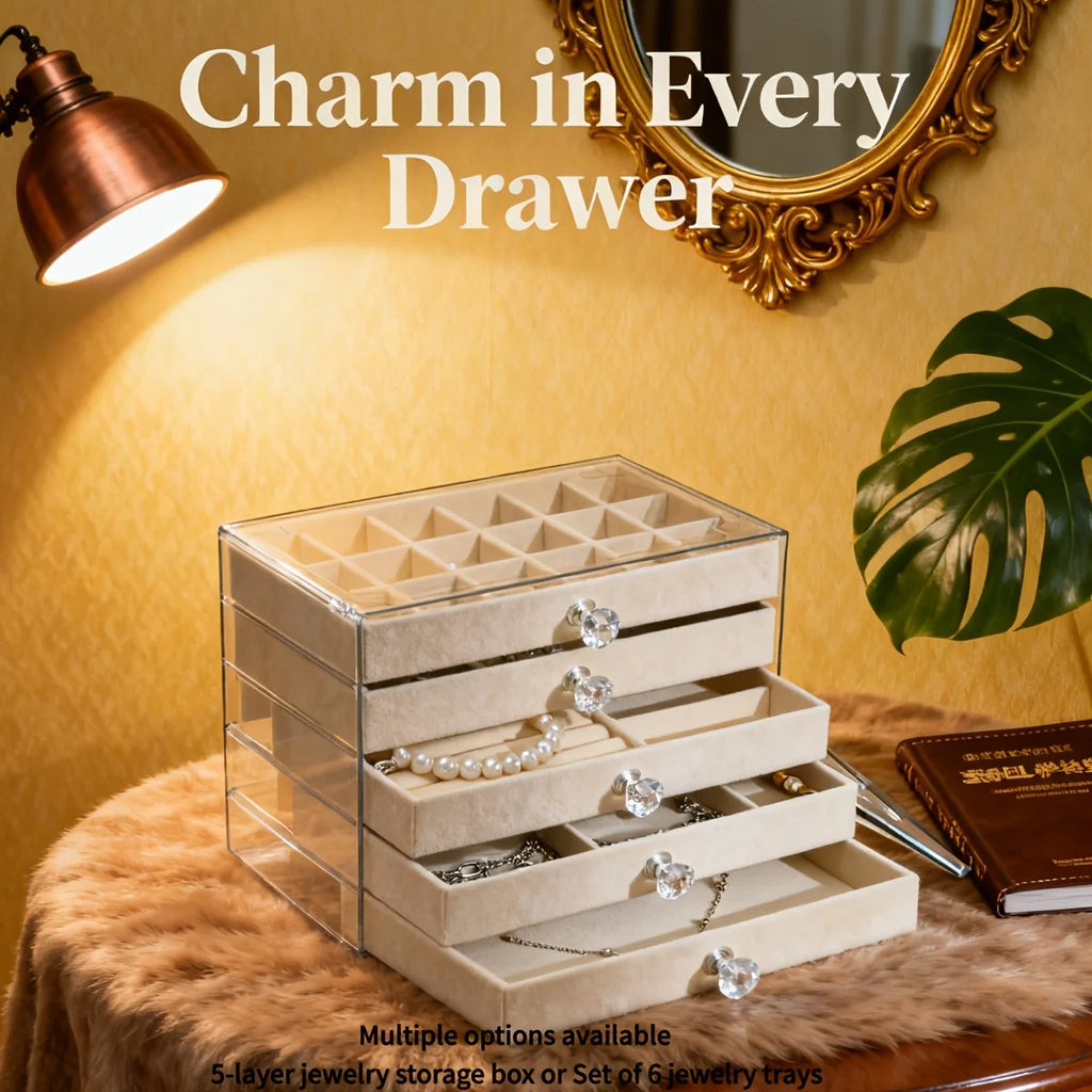 Transparent Home Desktop 5-Tier Countertop Drawer Jewelry Boxes.Multiple Options Available: 5-layer Jewelry Box or Set of 6