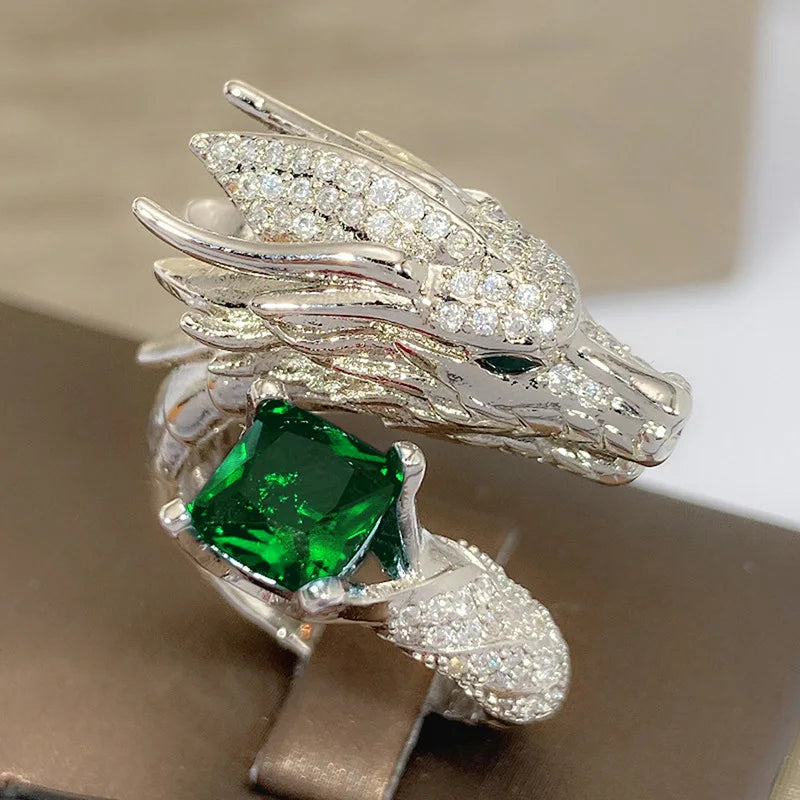 T0837 Dragon Head Cocktail Ring 925 Silver Pave Setting Crystal Rhinestone Unisex Fine Jewelry Gift