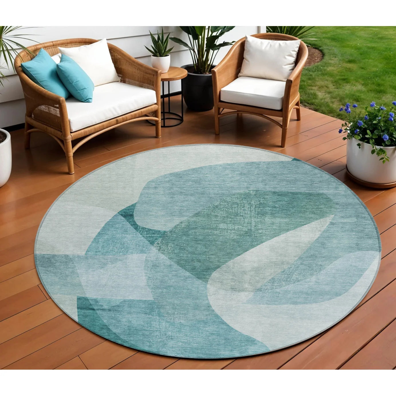 HMS 8' Teal Blue and Ivory Round Abstract Indoor/Outdoor Area Rug Washable Outdoor Carpets