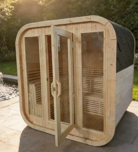 US Warehouse 4-6 Person Outdoor Square Traditional White Pine Steam Sauna with Tempered Glass & Weatherproof Roof