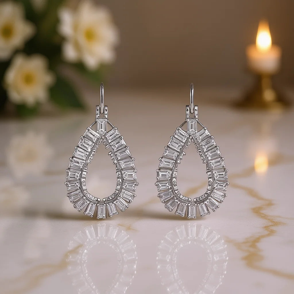 E793 Teardrop White Gold Diamond Drop Earrings Baguette Cut Channel Setting Luxury Women's Wedding Fine Jewelry