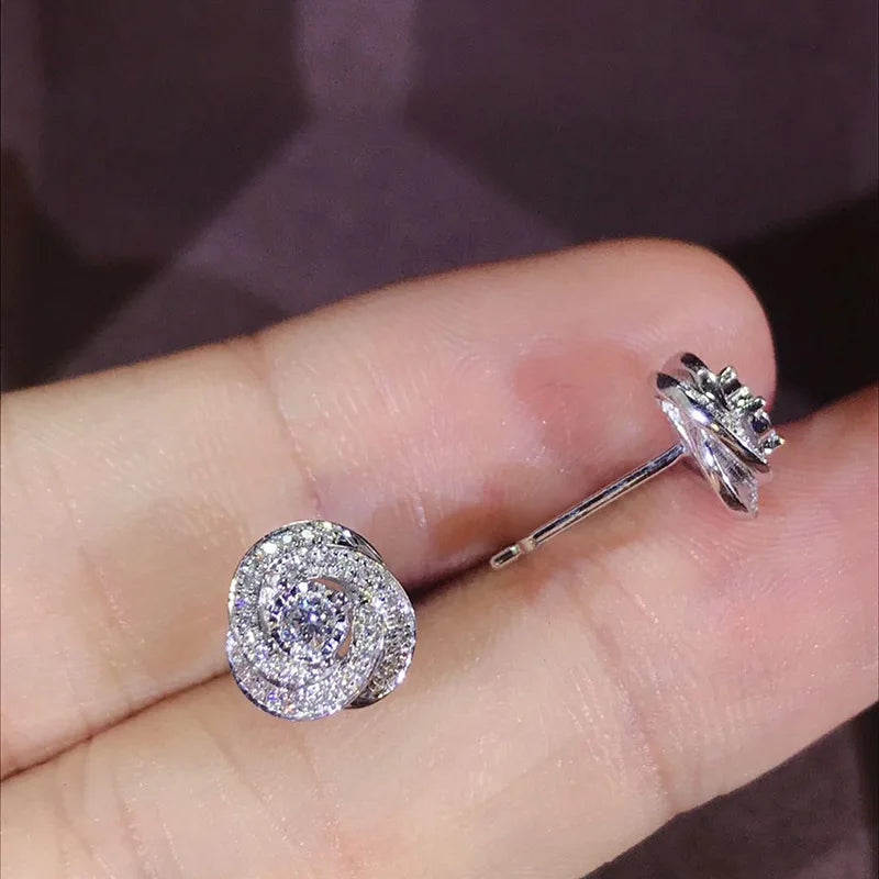 E4001 White Gold Diamond Earrings Round Brilliant Cut Natural Classic Women's Jewelry