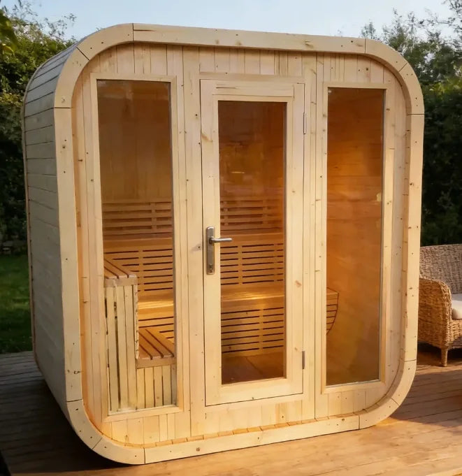 US Warehouse 4-6 Person Outdoor Square Traditional White Pine Steam Sauna with Tempered Glass & Weatherproof Roof
