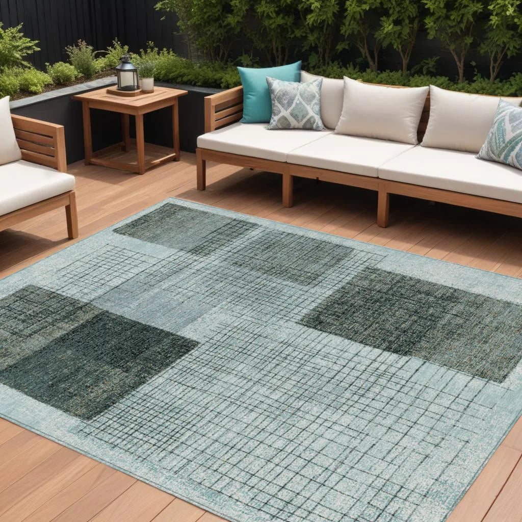 HMS 9' X 12' Teal Blue and Gray Geometric Indoor Outdoor Area Rug Washable Carpet