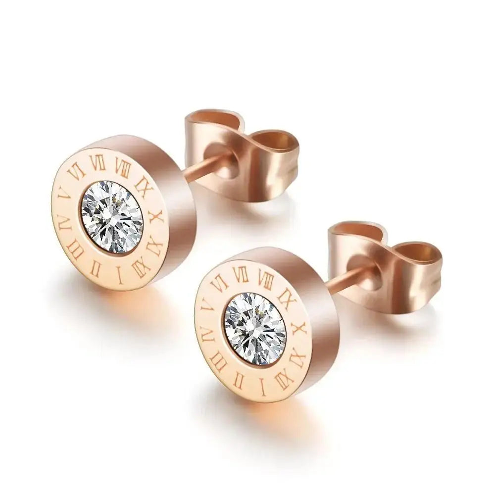 Showfay  Luxury Hypoallergenic  Stainless Steel Zircon Roman Numerals Stud Earrings for Women Man Jewelry
