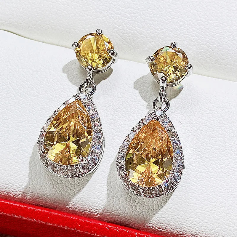Luxury Water Drop Crystal Earrings For Women 925 Silver Bezel Setting Party Jewelry Yellow Diamond Rhinestone Earrings