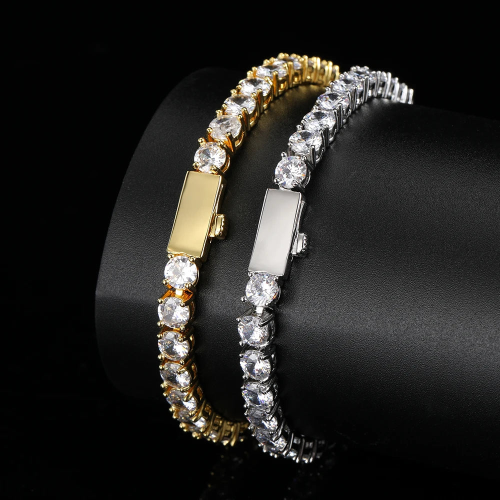 NUOYA USA Warehouse 3mm/4mm Iced Out Diamond Tennis Chain Bracelet Round CZ Stones Hip Hop Jewelry Gift for Men Women