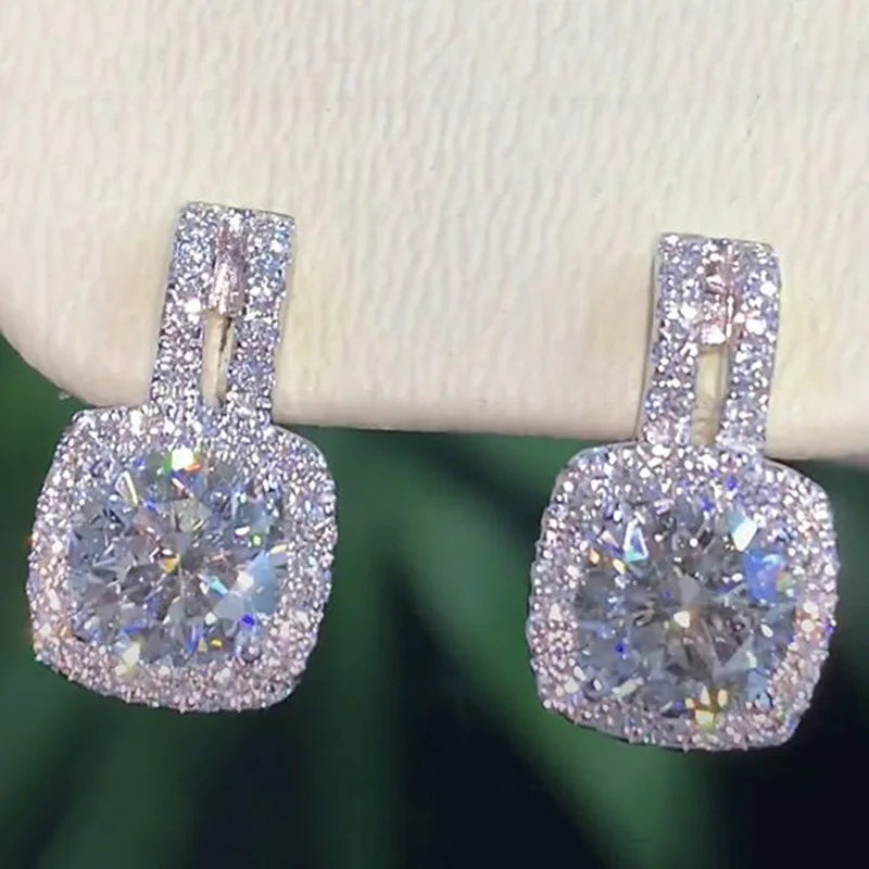 White Gold Princess Cut Zircon Stud Earrings Geometric Claw Setting Classic Women's Wedding Jewelry