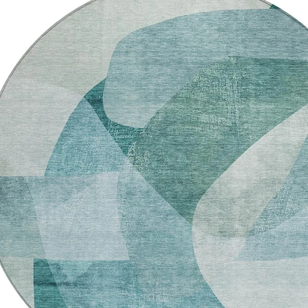HMS 8' Teal Blue and Ivory Round Abstract Indoor/Outdoor Area Rug Washable Outdoor Carpets