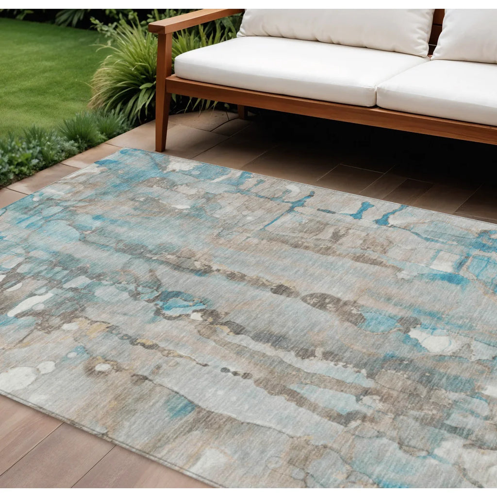 HMS 8' X 10' Teal Blue and Ivory Abstract Indoor Outdoor Area Rug Washable Set