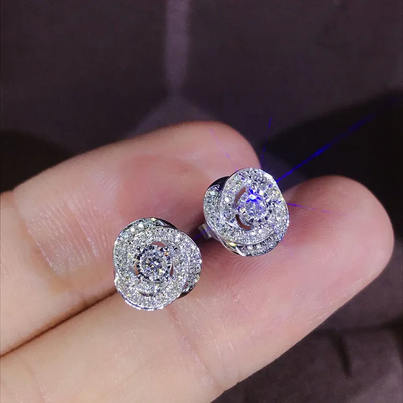 E4001 White Gold Diamond Earrings Round Brilliant Cut Natural Classic Women's Jewelry