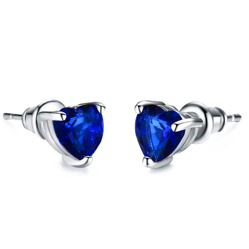 E1128 Heart Shape Blue Diamond Stud Earrings Claw Setting Women's Romantic Crystal Jewelry