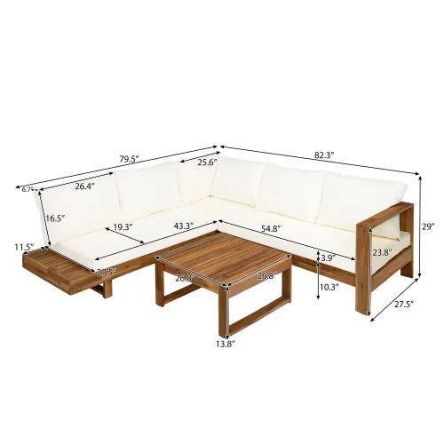4-Piece Modern Solid Acacia Wood Outdoor Patio Sofa Set with Coffee Table Waterproof Cushions Beige