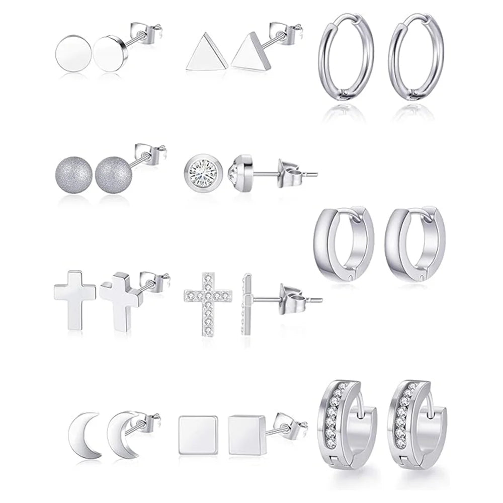11 Piece Geometric Stainless Steel Stud Earrings Set Minimalist Modern Luxury Elegant Unisex Daily Versatile Jewelry Accessories