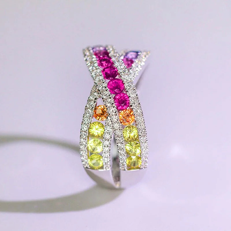 Colorful Crisscross Geometric Ring For Women Round Design Elegant Fashion Daily Jewelry