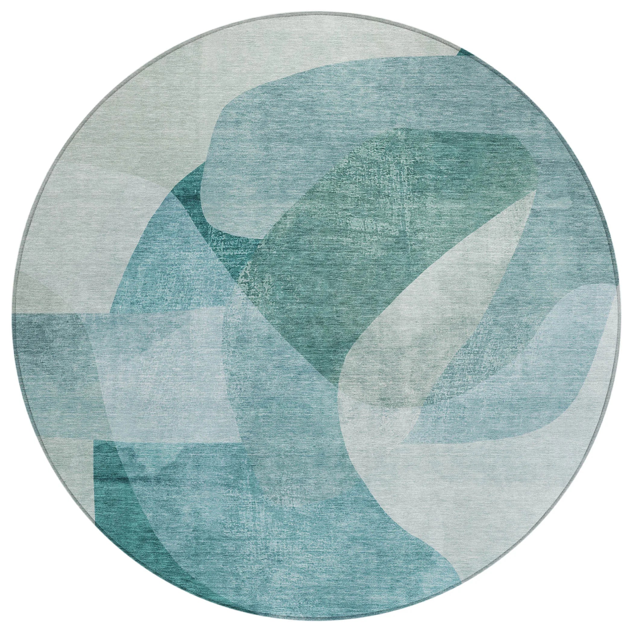 HMS 8' Teal Blue and Ivory Round Abstract Indoor/Outdoor Area Rug Washable Outdoor Carpets