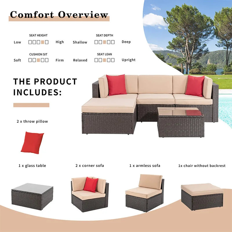 6 Pieces Patio Outdoor Living Room Furniture PE Wicker Breathable and Dirt-resistant Sectional Sofa Set