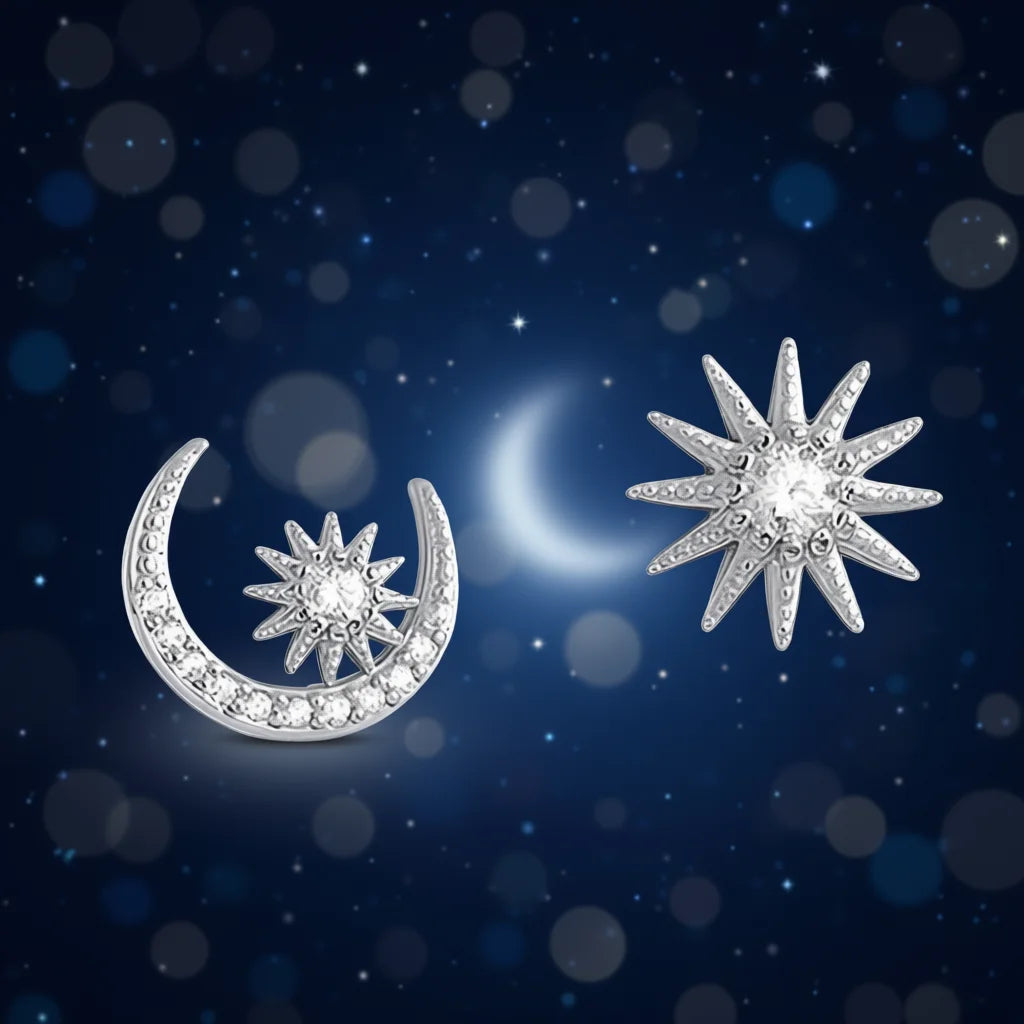 Star And Moon Stud Earrings 925 Silver White Gold Plated Crystal Rhinestone Minimalist Everyday Wear Women's Jewelry