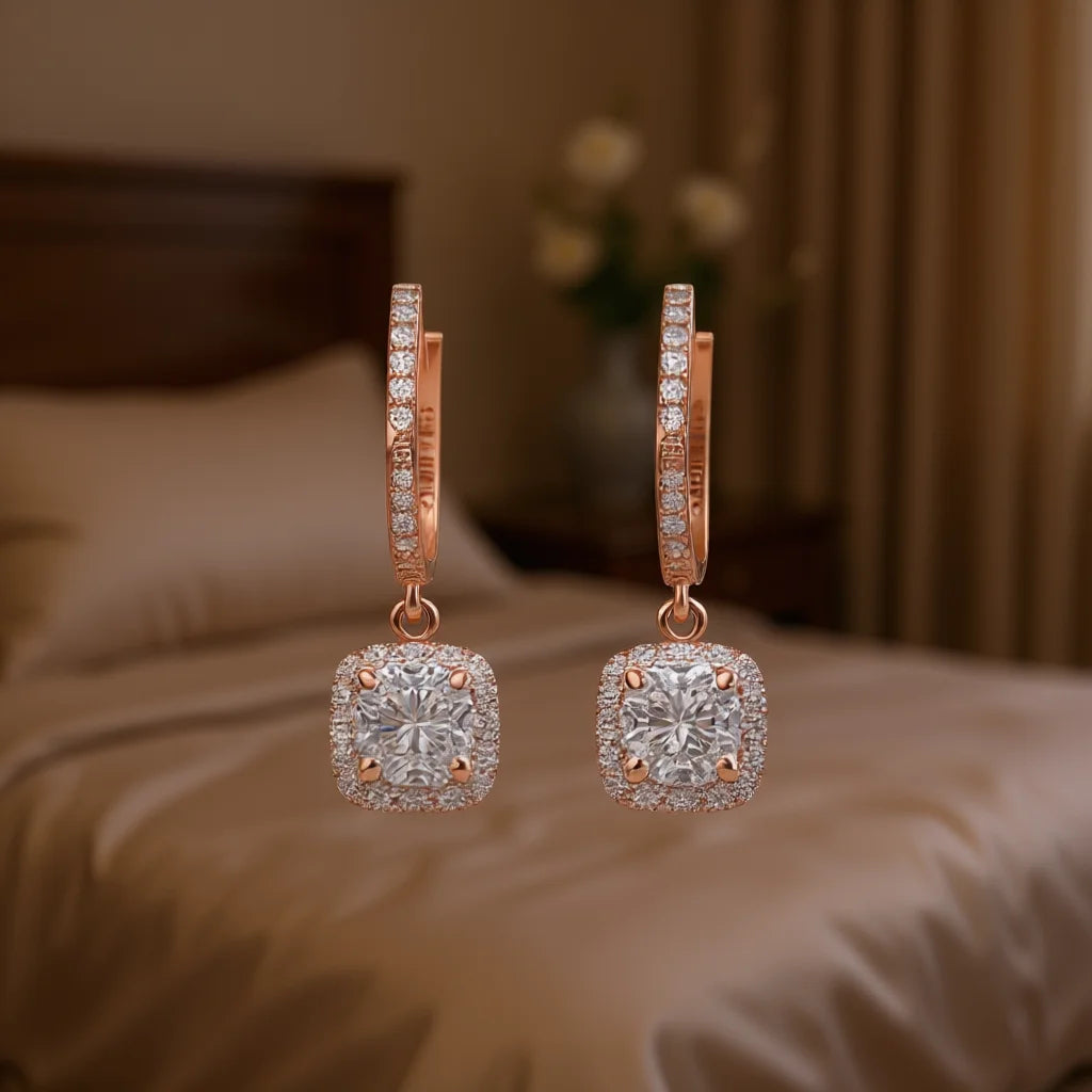 E1810 Rose Gold Hoop Earrings With Diamond Square Pendant Claw Setting Luxury Women's Wedding Fine Jewelry