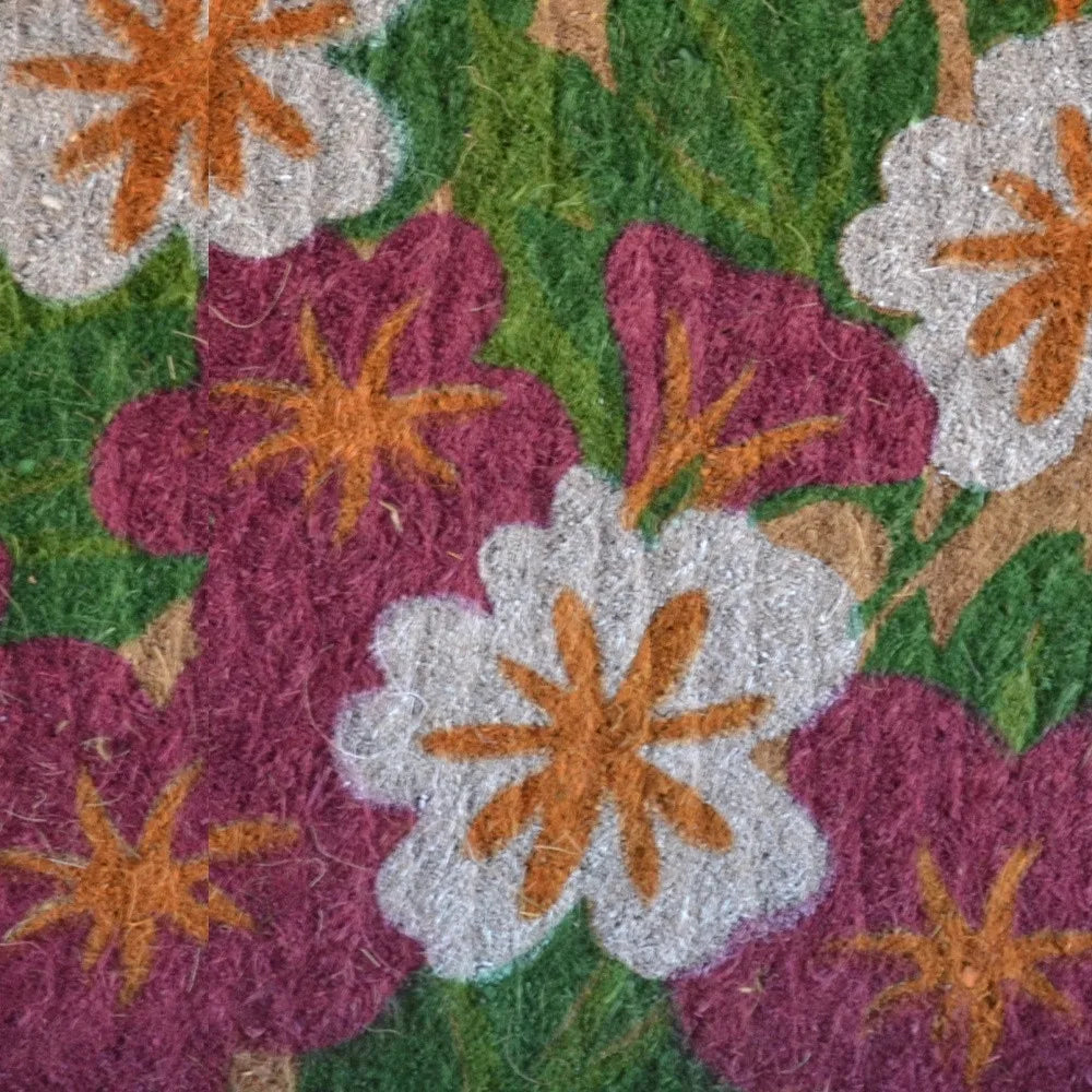 HMS 18\" X 30\" Brown and White Coir Floral Outdoor Door Mat