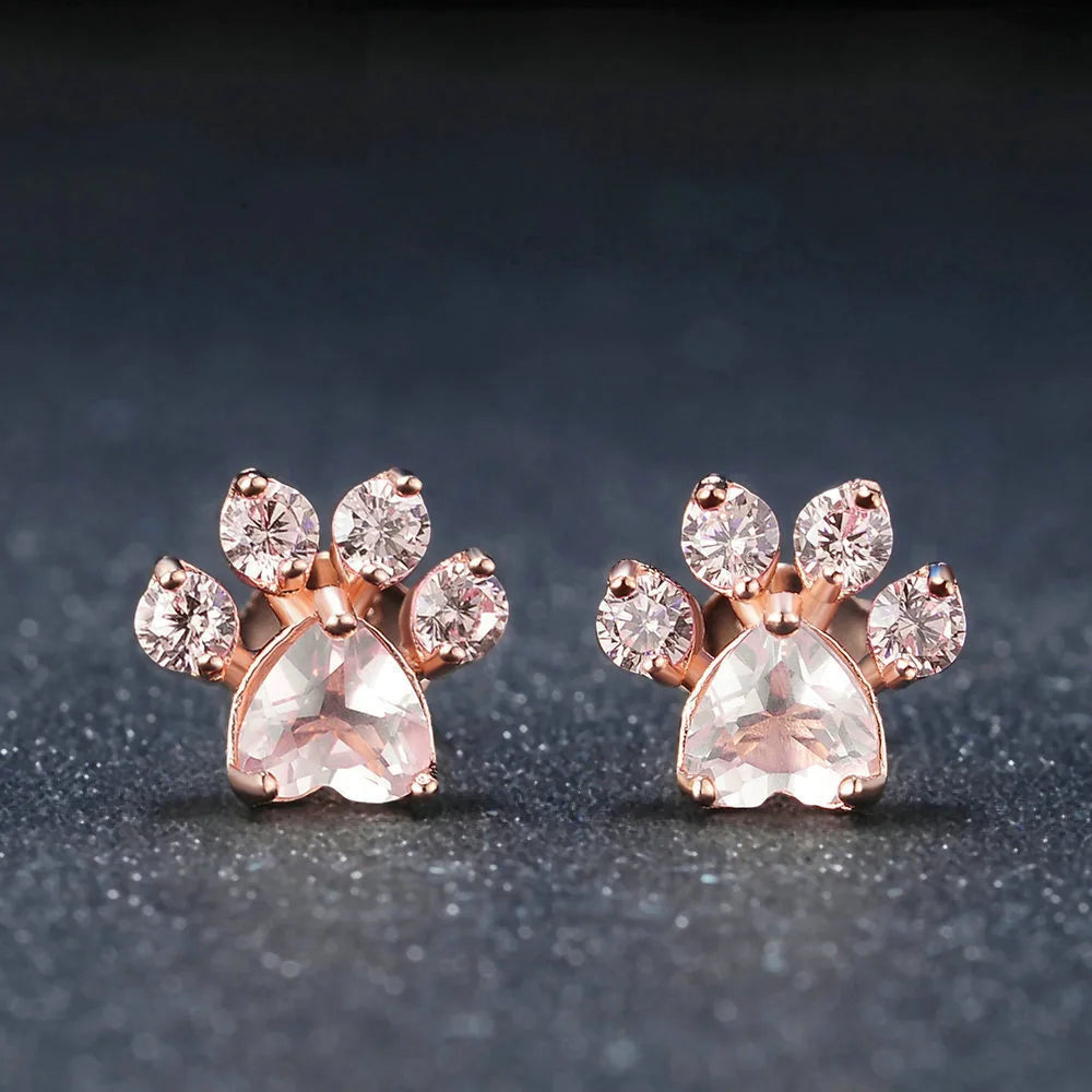 Rose Gold Plated Cat Paw Stud Earrings With Pink Crystal Heart Cut For Women Cute Animal Jewelry Gift Fashion Earrings
