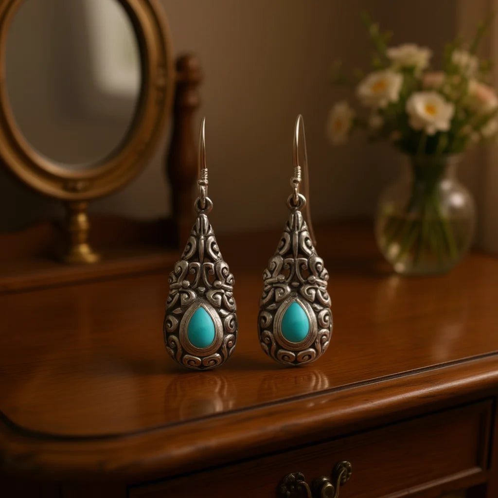 E4577 Vintage Drop Earrings Tibetan Silver Alloy Water Drop Shape Antique Silver Turquoise Bezel Setting Women's Fashion Jewelry