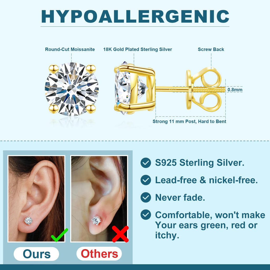 USA Warehouse Luxury Jewelry Classic Screw Back Gold 925 Sterling Silver VVS Moissanite Diamond Stud Earrings for Men Women
