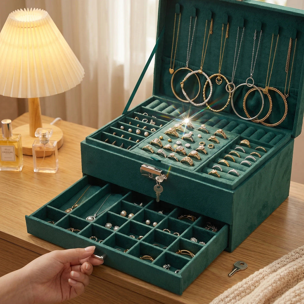 Large Capacity 3 Tier Velvet Jewelry Box Organizer Storage Case with Drawer Earring Necklace Ring Holder Elegant Gift Case