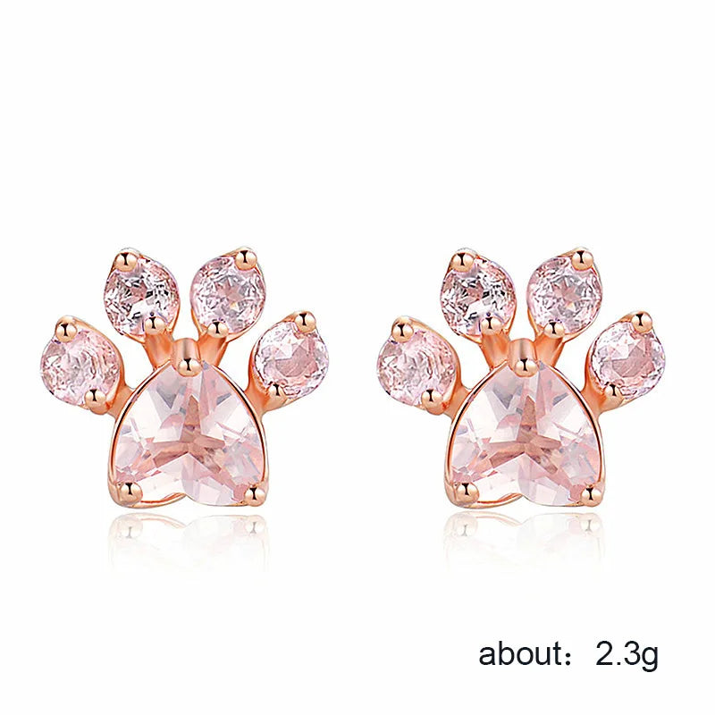 Rose Gold Plated Cat Paw Stud Earrings With Pink Crystal Heart Cut For Women Cute Animal Jewelry Gift Fashion Earrings