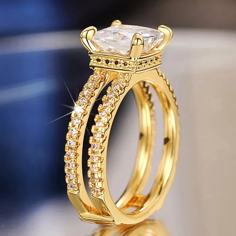 Q373 Women's 22k Gold Plated Princess Cut Lab Grown Diamond Ring with Side Stones Engagement Jewelry