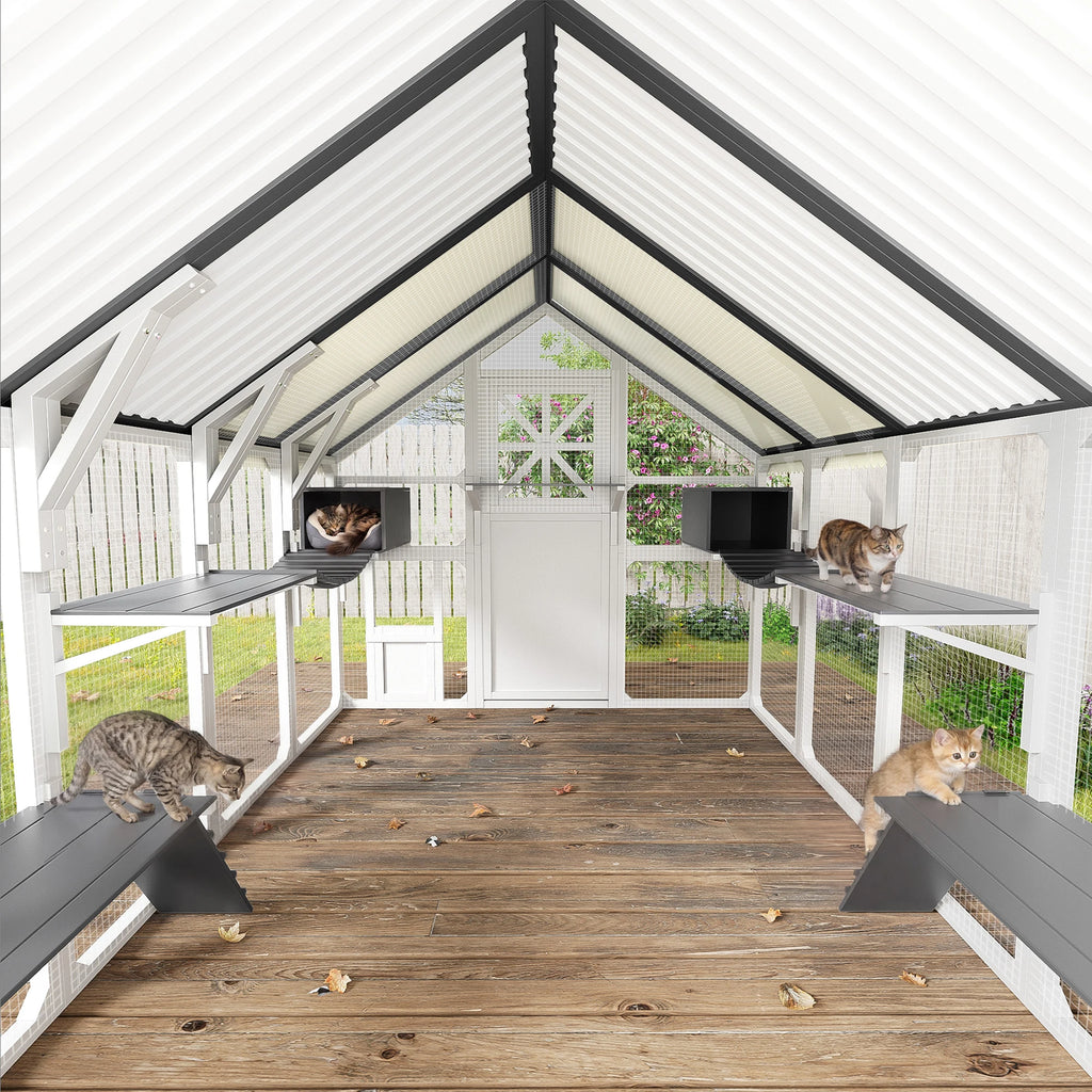 Large Multi-Tier Solid Outdoor Catio Cat Enclosure Walk-in Weatherproof Insulated Cat House PVC Roof Bridges Lounges for