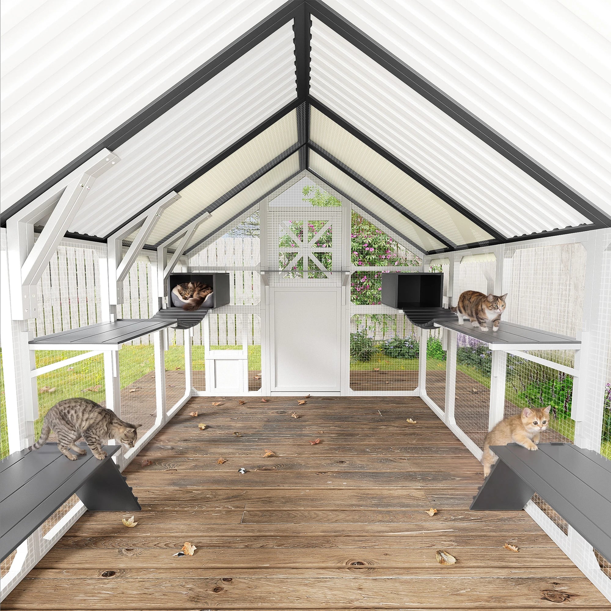 Large Multi-Tier Solid Outdoor Catio Cat Enclosure Walk-in Weatherproof Insulated Cat House PVC Roof Bridges Lounges for