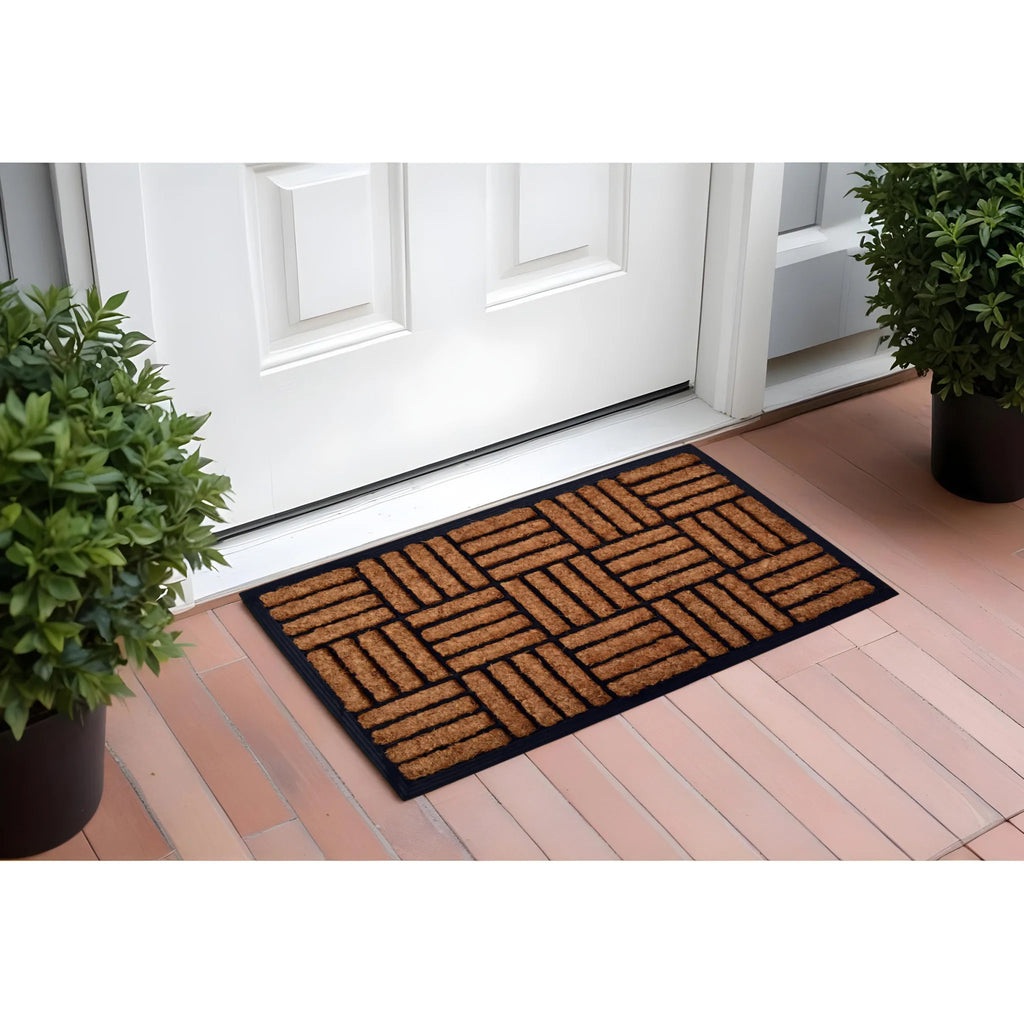 HMS Modern 18\" X 30\" Beige and Black Rubber and Coir Outdoor Door Mat Handmade Loomed Techniques for Home Use