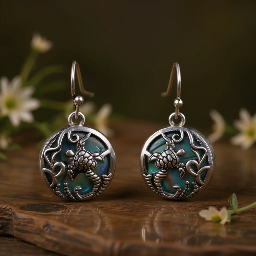Vintage Turtle Shell Earrings Tibetan Silver Bezel Setting Women's Fashion Drop Earrings Animal Pattern Jewelry