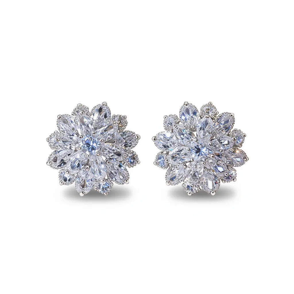 Luxury Snowflake Stud Earrings Crystal Rhinestone Claw Setting For Women Wedding Jewelry Pink Color