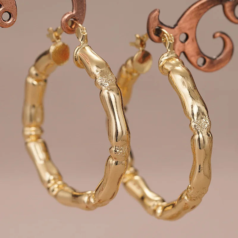 Golden Bamboo Hoop Earrings with Pearl 18K Solid Gold Unisex Everyday Wear Fine Jewelry