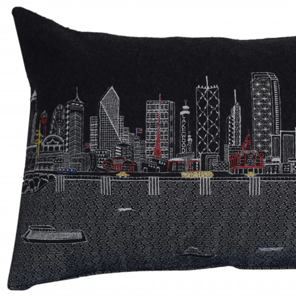HMS 25\" Black Dallas Nighttime Skyline Decorative Lumbar Pillow Geometric Leaf Pattern Linen Fabric for Home Patio Outdoor Use
