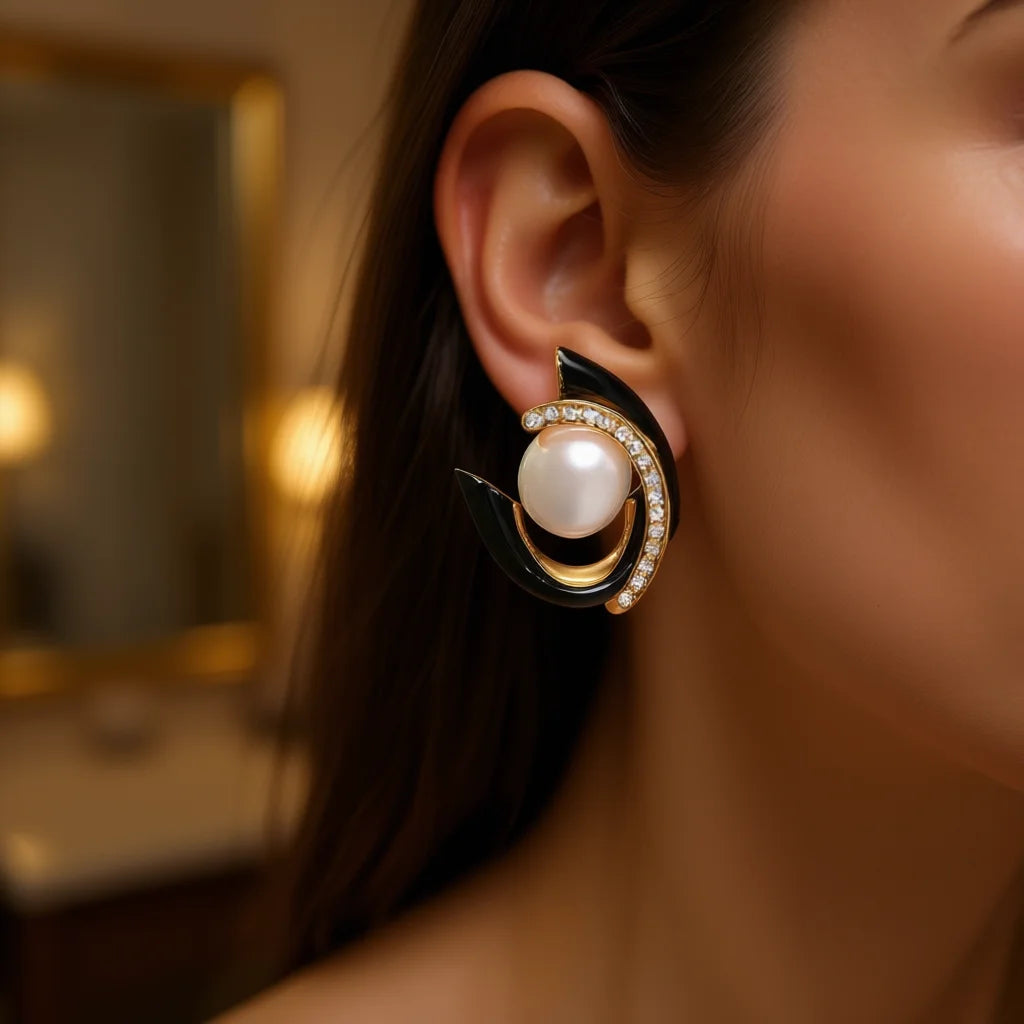 E3653 Modern Geometric Earrings Black Gold Imitation Pearl Studs Party Women's Jewelry