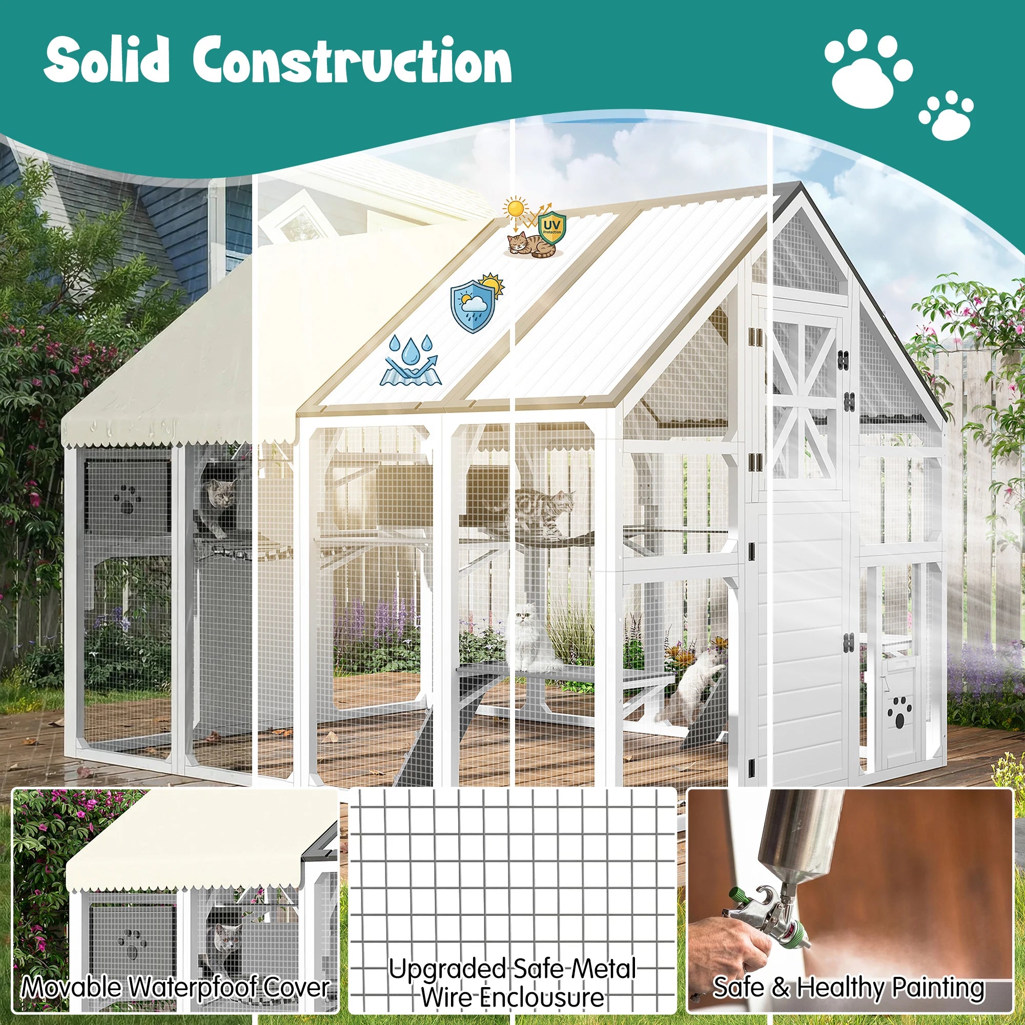 Large Multi-Tier Solid Outdoor Catio Cat Enclosure Walk-in Weatherproof Insulated Cat House PVC Roof Bridges Lounges for