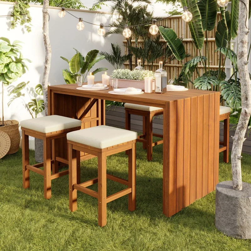 5 Piece Outdoor Bar Set,Patio Acacia Wood Bar Height Table & Four Stools with Cushions,Wood Dining Bar Set for Backyard,Balcony