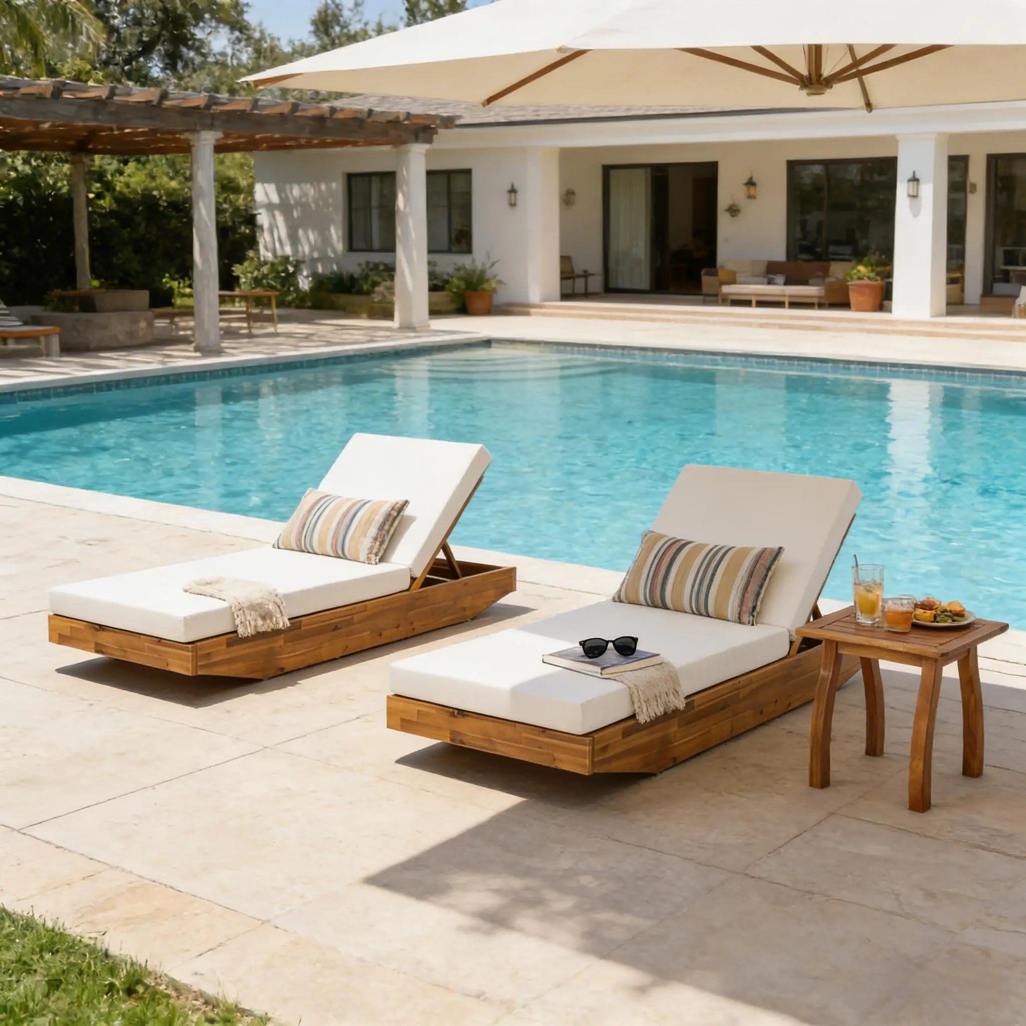 Acacia Wood Modern Luxury Chaise Lounge Cushion Teak Finish Eco-Friendly Outdoor Recliner Cream Water-Repellent Pool Lounge