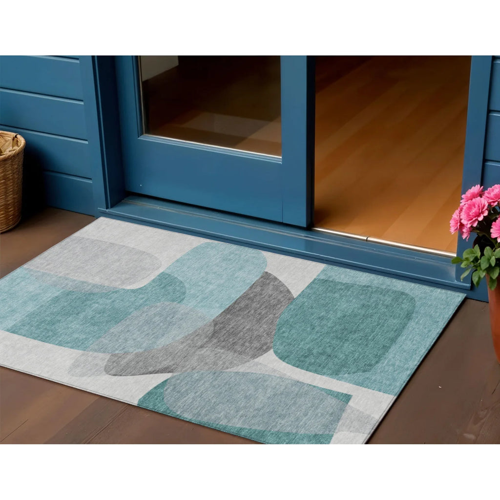 HMS 3' X 5' Abstract Indoor Outdoor Area Rug Teal Blue and Gray Washable Carpet