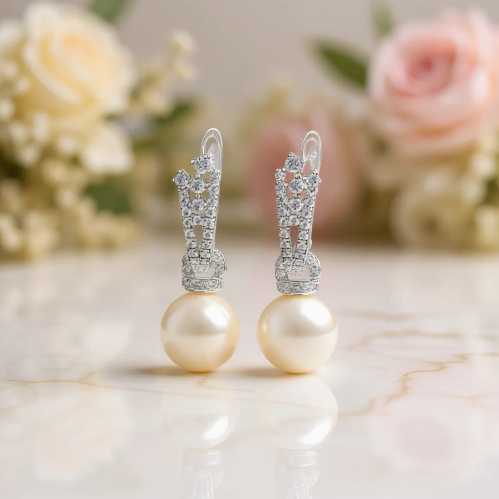Classic Akoya Pearl Ball Shape Earrings 925 Silver Rhodium Plated Round White AAA Pave Setting Studs for Wedding Women's Jewelry