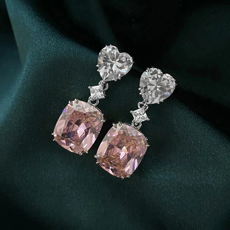 Uvde Austin Crystal Heart Drop Earrings For Women Romantic Party Jewelry Claw Setting Pink Stone Earrings