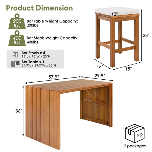 5 Piece Outdoor Bar Set,Patio Acacia Wood Bar Height Table & Four Stools with Cushions,Wood Dining Bar Set for Backyard,Balcony