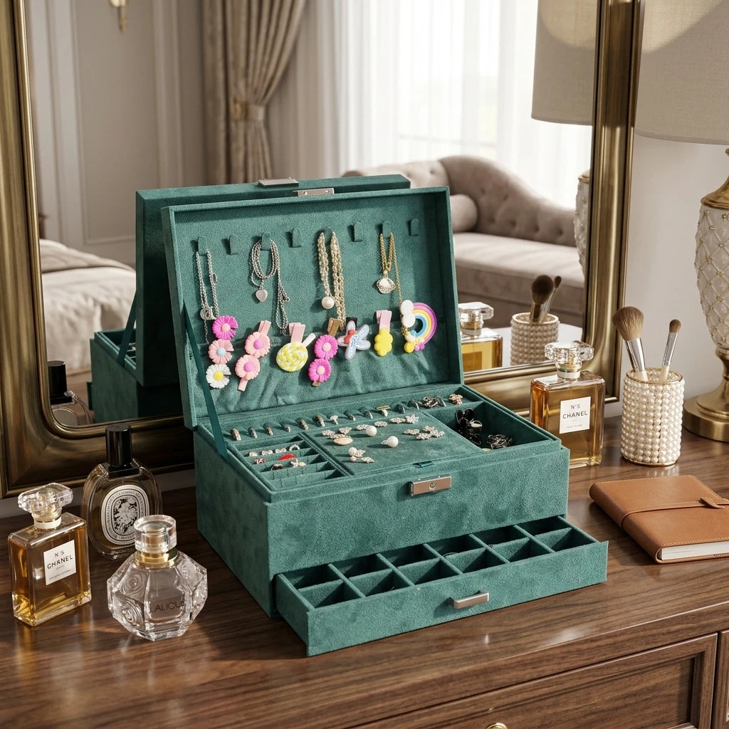 LG7240 Luxurious Rectangle Travel Jewelry Box Mirrored Watch Organizer Necklace Ring Earring Storage Lockable Modern Gift Case