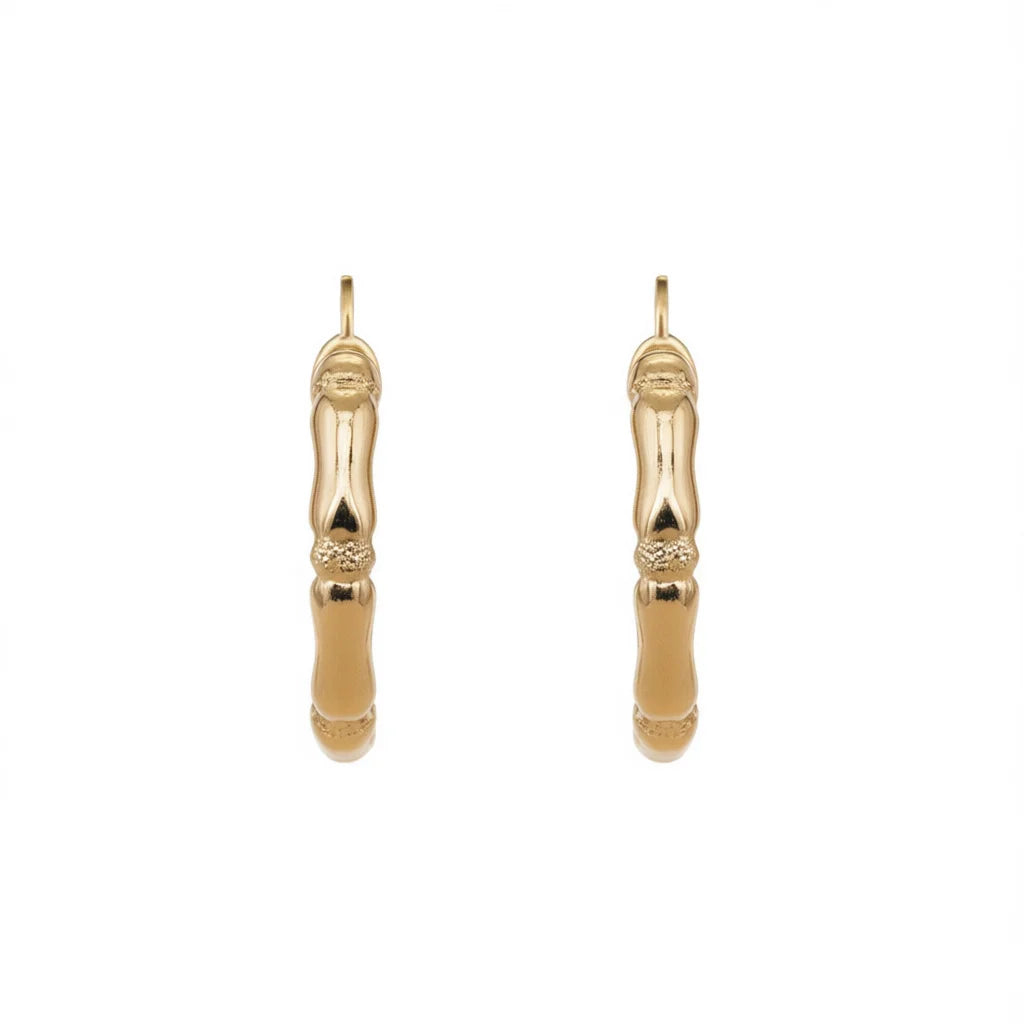 Golden Bamboo Hoop Earrings with Pearl 18K Solid Gold Unisex Everyday Wear Fine Jewelry