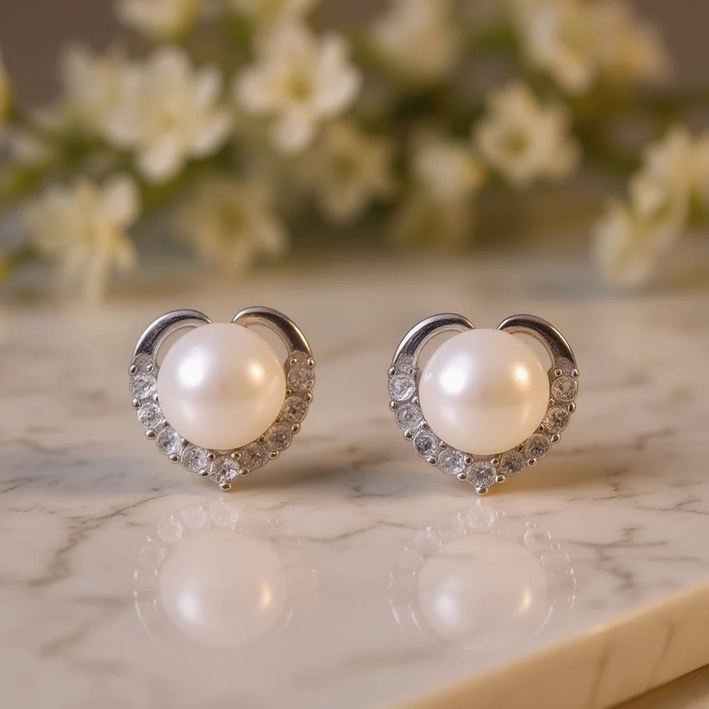 Elegant Heart Shape Akoya Pearl Stud Earrings 925 Silver AAA Cultured White Pearl Wedding Jewelry For Women Classic Style